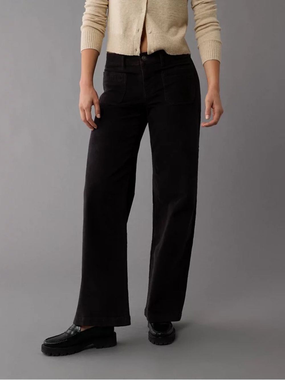 American Eagle AE Stretch Corduroy Low-Rise Baggy Wide-Leg Pant in Black